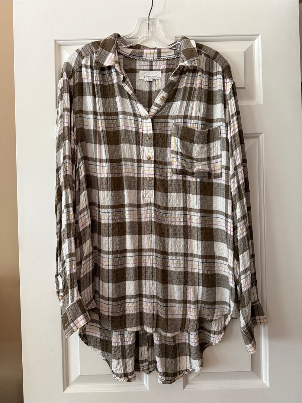 Anthropologie Olive and White Plaid Button-Down Shirt